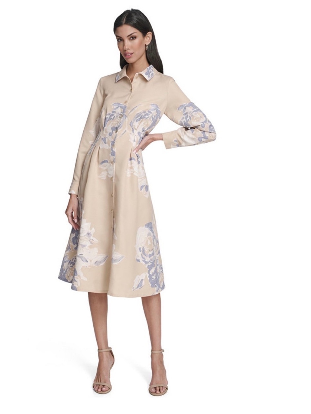 Calvin Klein Beige Floral Long-Sleeve Shirt Dress with Pale Blue Print